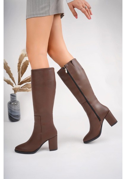 Kadın Taba Renk Diz Altı Topuklu Çizme – Günlük Rahat Şık Kışlık Bot, Sivri Burun Kahve Deri Çizme