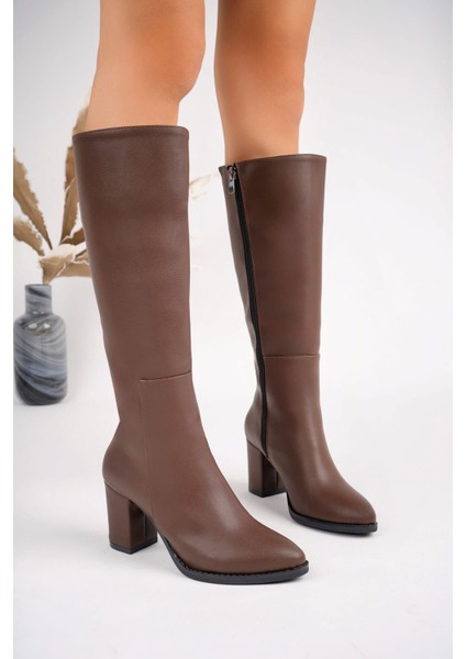 Kadın Taba Renk Diz Altı Topuklu Çizme – Günlük Rahat Şık Kışlık Bot, Sivri Burun Kahve Deri Çizme fiyatları