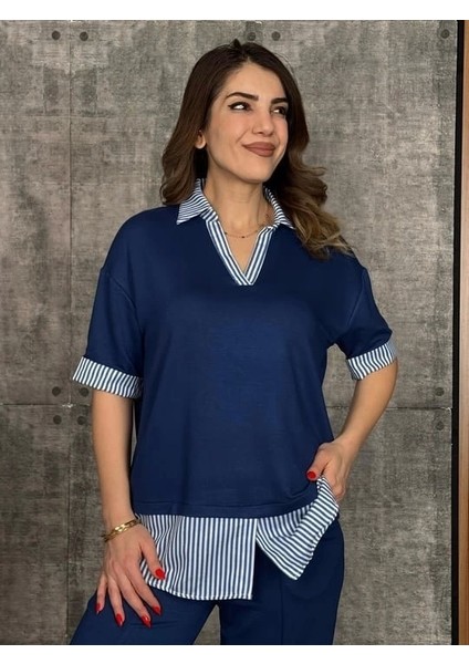 Kadın Modal Kumaş Çizgili Gömlek Yaka Ikili Takım fiyatları