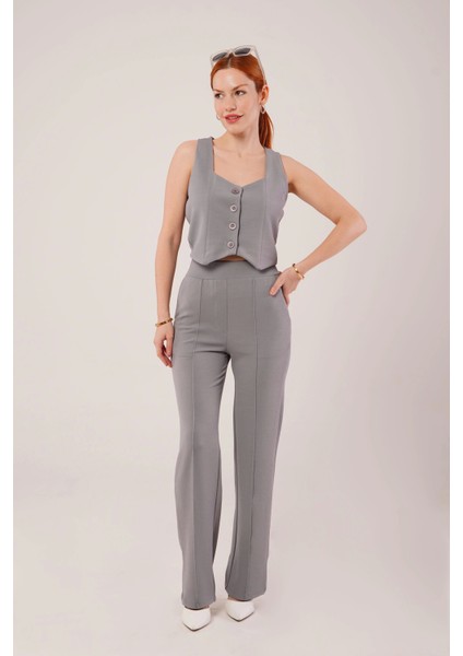 Kalın Askılı Düğmeli Yelek ve Pantolon Gri Takım modelleri