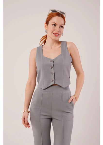Kalın Askılı Düğmeli Yelek ve Pantolon Gri Takım fırsatları