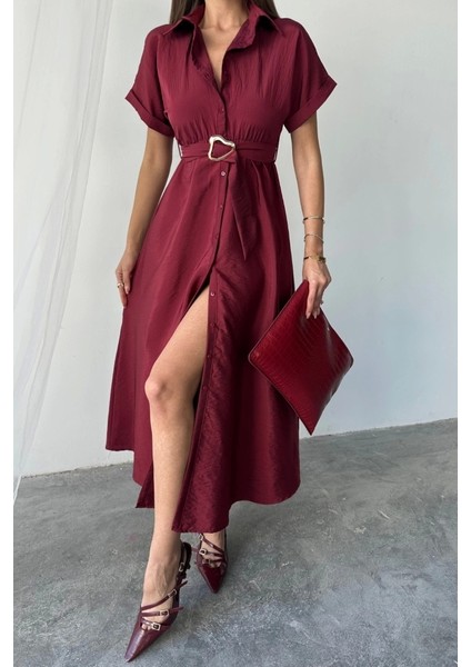 Önden Düğmeli Crushlı Modal Elbise - Bordo modelleri