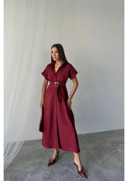 Önden Düğmeli Crushlı Modal Elbise - Bordo fırsatları