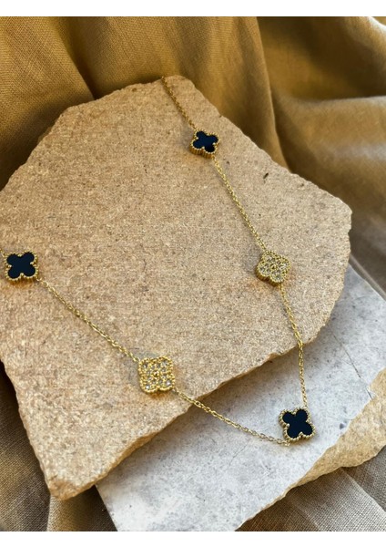 Siyah Yonca ve Taşlı Yonca Kolye