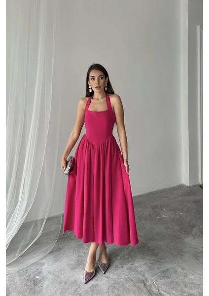 Fuşya Boyundan Bağlamalı Keten Elbise