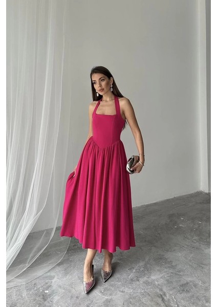 Fuşya Boyundan Bağlamalı Keten Elbise modelleri