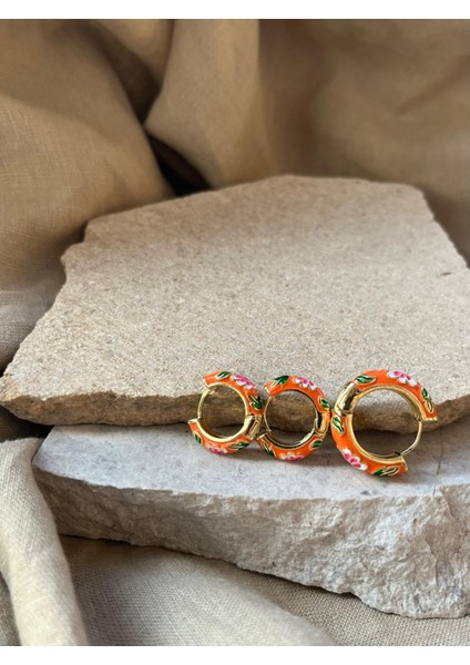 Turuncu Mineli Üçlü Küpe