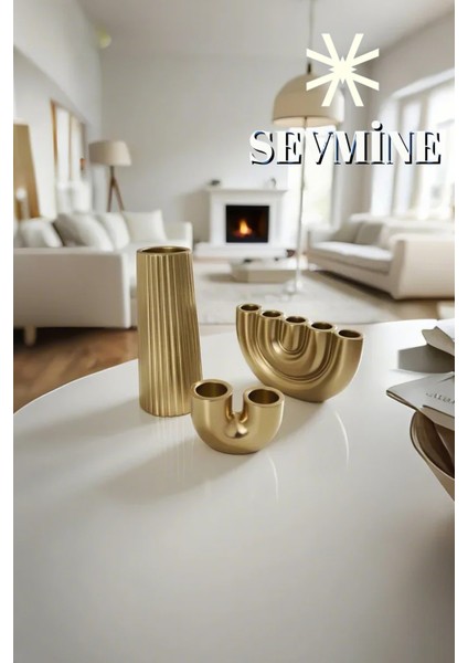 ✨ Golden Lines 3’lü Çizgili Vazo & Mumluk Seti – Iskandinav Bohem Gold Masaüstü Takımı