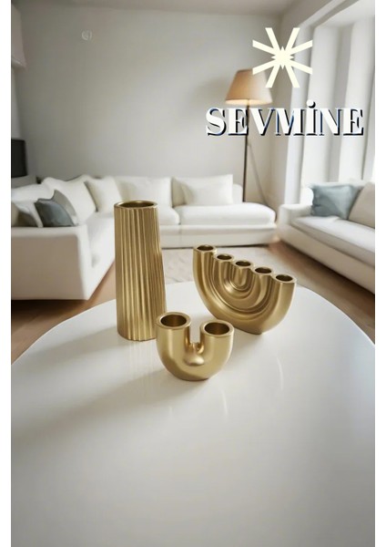 ✨ Golden Lines 3’lü Çizgili Vazo & Mumluk Seti – Iskandinav Bohem Gold Masaüstü Takımı fiyatları