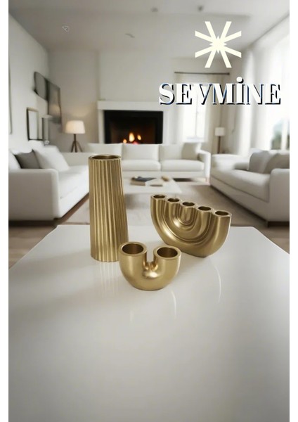 ✨ Golden Lines 3’lü Çizgili Vazo & Mumluk Seti – Iskandinav Bohem Gold Masaüstü Takımı modelleri