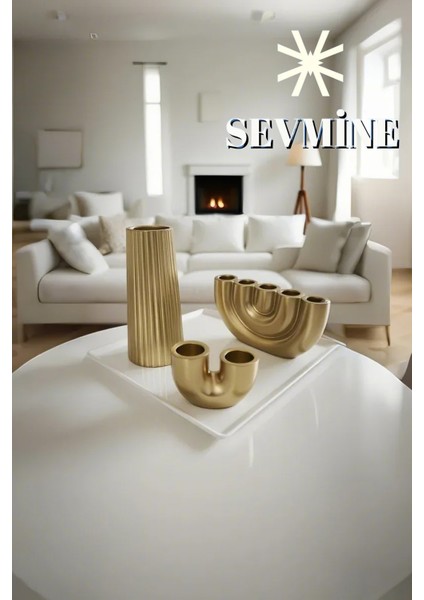 ✨ Golden Lines 3’lü Çizgili Vazo & Mumluk Seti – Iskandinav Bohem Gold Masaüstü Takımı fırsatları