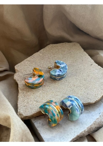 Mavi Desenli Yarım Tekerlek Küpe modelleri