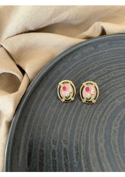 Vintage Sanat Pembe Lale Desenli Küpe