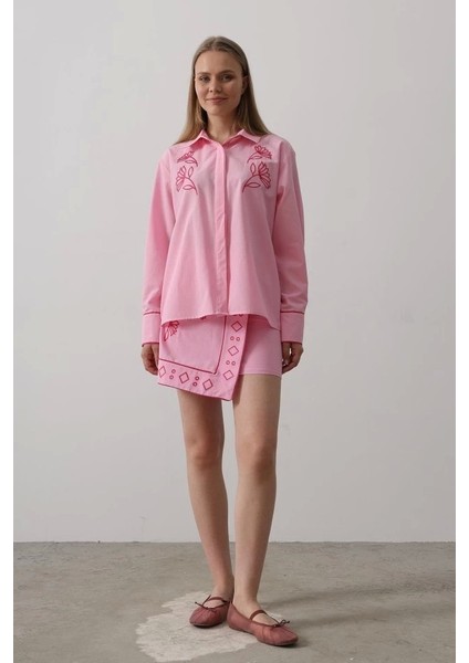 Nakış Detaylı Etekli Takım - Pembe