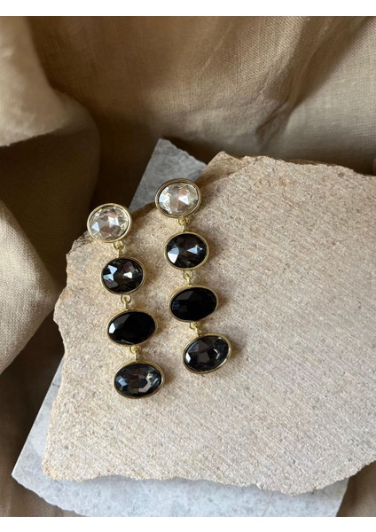 Üç Siyah Taşlı Sarkıt Küpe