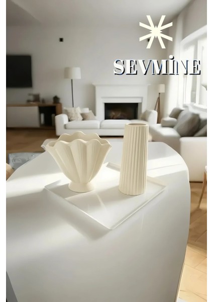 ✨ Krem Duo 2’li Bohem & Iskandinav Krem Vazo Seti – Çizgili & Istiridye Form