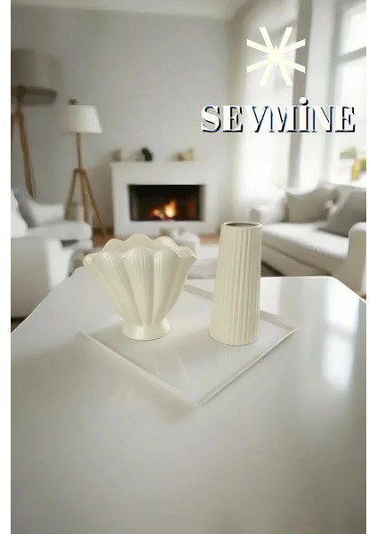 ✨ Krem Duo 2’li Bohem & Iskandinav Krem Vazo Seti – Çizgili & Istiridye Form modelleri