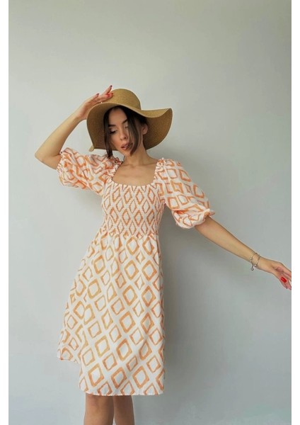 Oranj Kare Desenli Yazlık Elbise fiyatları
