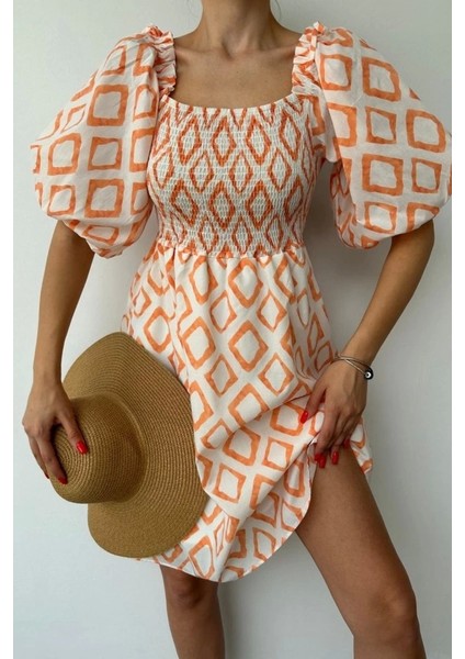 Oranj Kare Desenli Yazlık Elbise modelleri