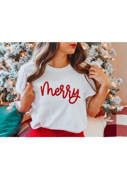 Merry Baskılı T-Shirt - Beyaz