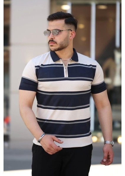 Erkek Yakalı Fermuarlı Çift Renk Kısa Kollu T-Shirt