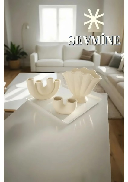 ✨ Krem Calm 3’lü Iskandinav Vazo & Mumluk Seti – Bohem Krem Masaüstü Dekorasyon Takımı