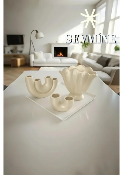 ✨ Krem Calm 3’lü Iskandinav Vazo & Mumluk Seti – Bohem Krem Masaüstü Dekorasyon Takımı fiyatları