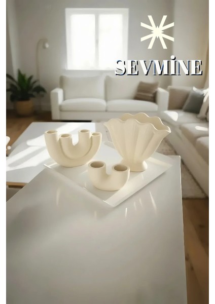 ✨ Krem Calm 3’lü Iskandinav Vazo & Mumluk Seti – Bohem Krem Masaüstü Dekorasyon Takımı modelleri