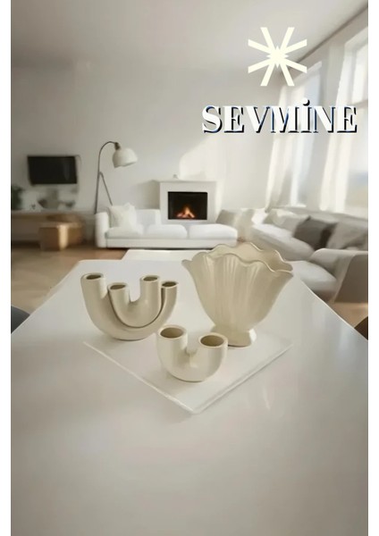 ✨ Krem Calm 3’lü Iskandinav Vazo & Mumluk Seti – Bohem Krem Masaüstü Dekorasyon Takımı fırsatları