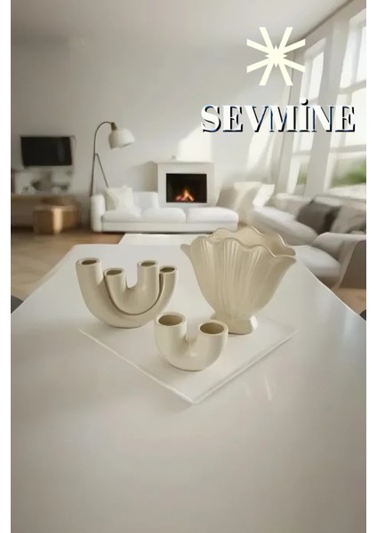✨ Krem Calm 3’lü Iskandinav Vazo & Mumluk Seti – Bohem Krem Masaüstü Dekorasyon Takımı indirimleri
