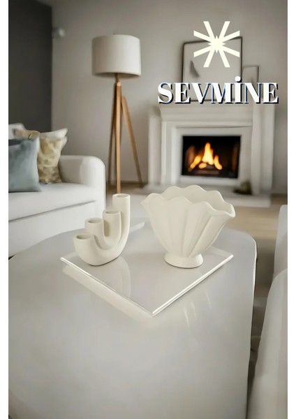 ✨ Krem Duo 2’li Vazo & Mumluk Seti – Istiridye Form Vazo & 4’lü U Form Krem Mumluk