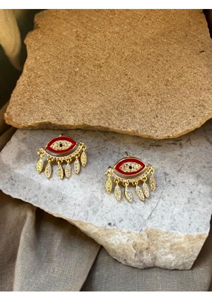 Altın Renkli Taşlı Kırmızı Gözlü Küpe