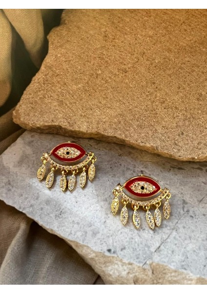 Altın Renkli Taşlı Kırmızı Gözlü Küpe fiyatları