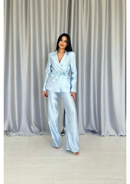 Mavi Beli Kuşaklı Ceket ve Pantolon Parlak Takım