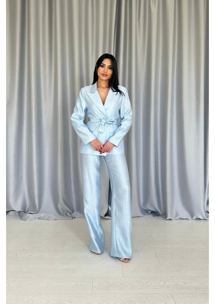 Mavi Beli Kuşaklı Ceket ve Pantolon Parlak Takım fiyatları