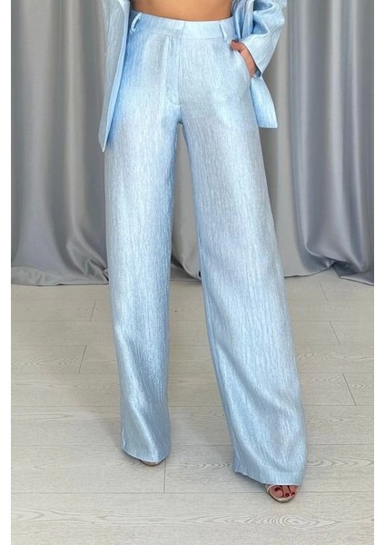 Mavi Beli Kuşaklı Ceket ve Pantolon Parlak Takım fırsatları