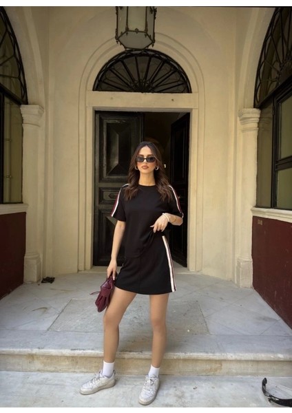 Osy Modal Yumuşak Dokulu Kumaş Parçalı Bisiklet Yaka T-Shirt Mini Şortlu Etek Ikili Takım - Siyah fiyatları