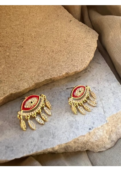 Altın Renkli Taşlı Kırmızı Gözlü Küpe modelleri
