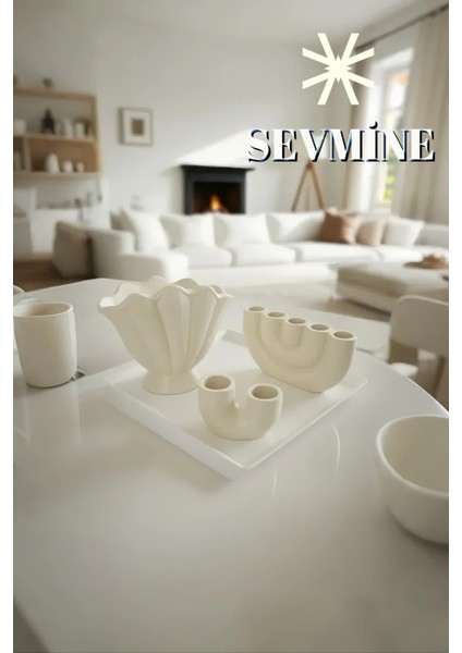 ✨ Krem Denge 3’lü Vazo & Mumluk Seti – Bohem & Iskandinav Krem Masa Dekoru