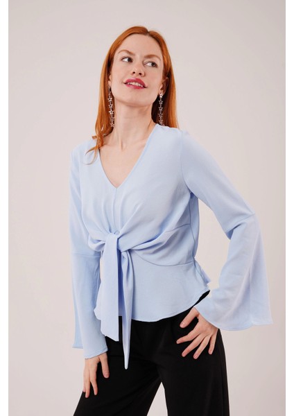 Ön Bağlamalı Volan Kol Bebe Mavisi Bluz fırsatları