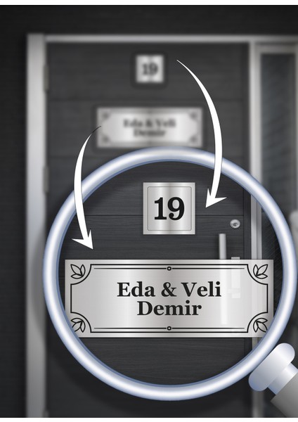 Alüminyum Kapı Isimliği | Kişiye Özel | 15X5 cm Isim + 5x5 cm Numara | Zarif Desenli