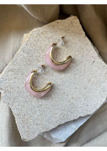 Açık Pembe Taşlı Yarım Ay Küpe