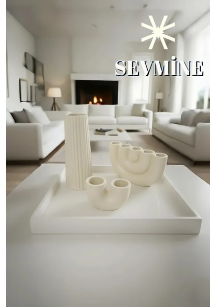 ✨ Krem Lines 3’lü Çizgili Vazo & Mumluk Seti – Iskandinav Bohem Krem Masaüstü Takımı