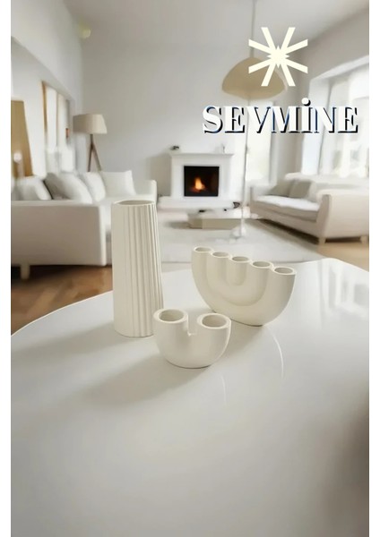 ✨ Krem Lines 3’lü Çizgili Vazo & Mumluk Seti – Iskandinav Bohem Krem Masaüstü Takımı fiyatları