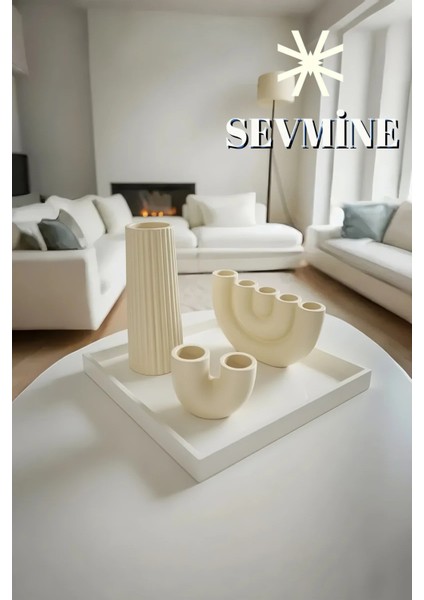 ✨ Krem Lines 3’lü Çizgili Vazo & Mumluk Seti – Iskandinav Bohem Krem Masaüstü Takımı modelleri