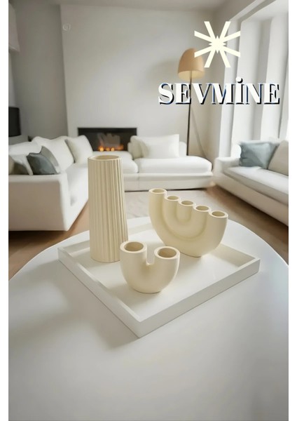 ✨ Krem Lines 3’lü Çizgili Vazo & Mumluk Seti – Iskandinav Bohem Krem Masaüstü Takımı fırsatları