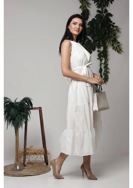 Ekru Halter Yakalı Kuşaklı Elbise fiyatları