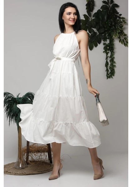 Ekru Halter Yakalı Kuşaklı Elbise modelleri