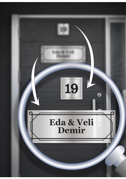 Kişiye Özel Kapı Tabelası | Alüminyum 15X5 cm | Geometrik Çerçeveli Tasarım | Isim + Numara