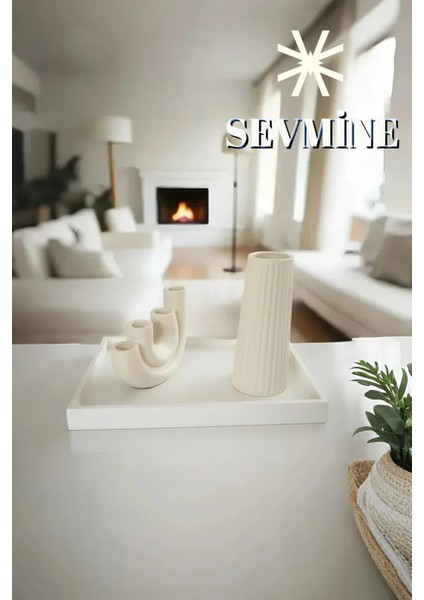 ✨ Krem Duo 2’li Vazo & Mumluk Seti – 18 cm Çizgili Bohem Vazo & 4’li U Form Krem Mumluk